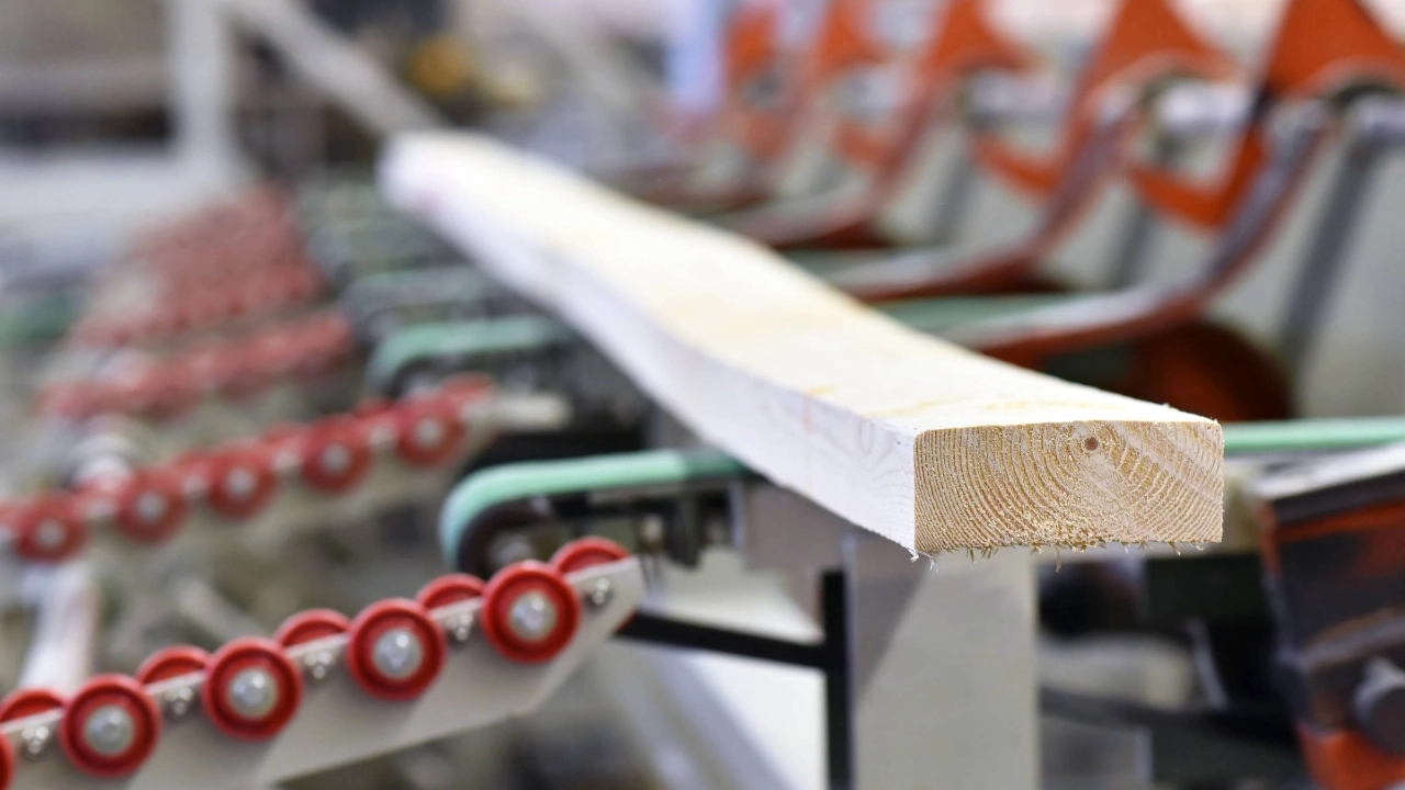 Verarbeitung von Holzlatten in einem Sägewerk.