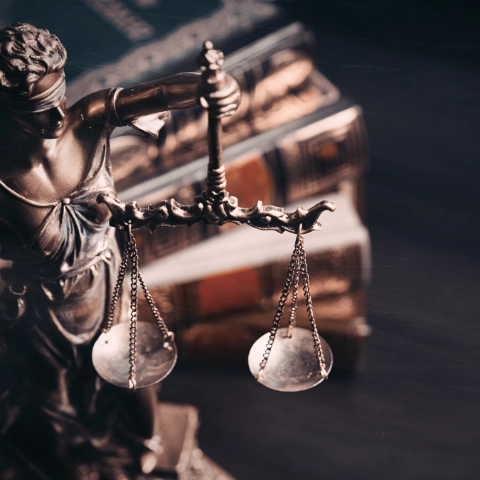 Eine Statue von Justizia steht vor einem unscharfen Bücherstapel im Hintergrund
