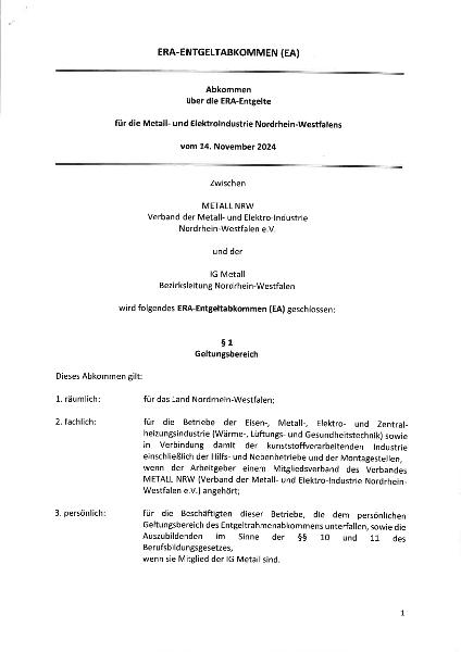 ERA Entgelt Tarifvertrag Metall- und Elektroindustrie 2024